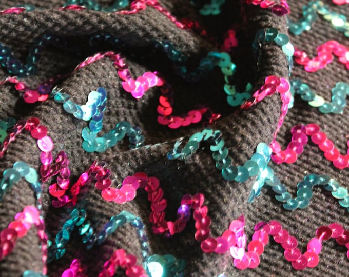 Magenta & Turquoise Sequins on Black Knit Fabric By The Yard/ 45 47" wide/ Teal Pink Cotton/ Metallic Costume/ BTY/ Glam Retro Two Tone