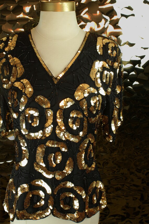 EXTRA 70s 80s Vintage Stenay Black +Gold Sequinne… - image 4