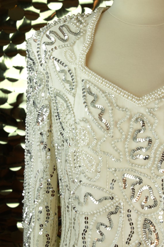 EXORBITANT 80s 90s White + Silver Vintage Leslie Fay Sequin Dress/VTG/Long Sleeve Formal Gown/Beaded Silk Eveningwear/Sweetheart Cocktail