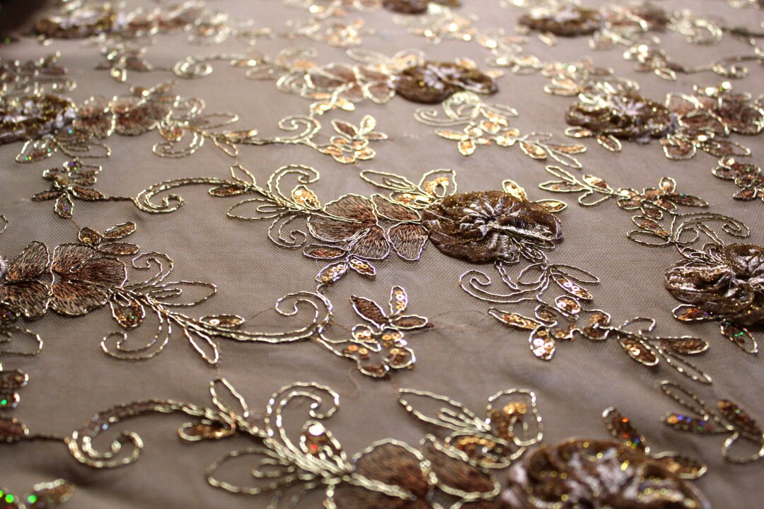 Nude Rosettes, Gold Sequins, & Gold Thread Embellishments on Nude Mesh