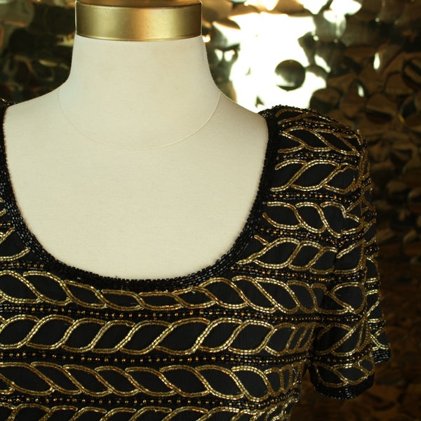 BRASSY 80s 90s Vintage Copper Papell Boutique Evening Short Sleeve Beaded Stripe Cropped Top/VTG/Gold Metallic Glam Scoop Cocktail Party