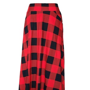 Women&#39;s Cherry Red Buffalo Tartan Plaid MIDI A-line Skirt With Built-in Half Slip & Jean-style or Seam-style Pockets Add-on