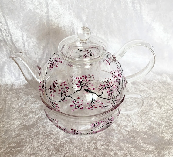 Glass Tea Pot Set for One, Hand Painted With My Unique Blossom Design, Cup  & Pot, Special Gift, Pink, Tea Lover, Boxed. 