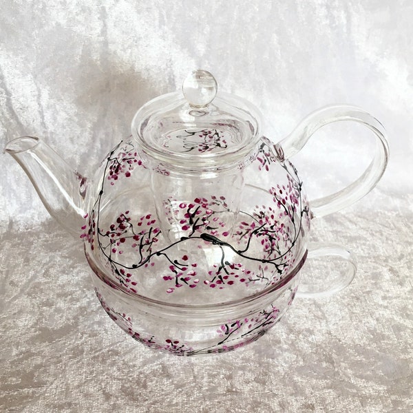 Glass Tea Pot set for one, Hand Painted with my unique Blossom Design, Cup & Pot, Special Gift, Pink, Tea Lover, Boxed.