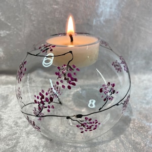 Glass Ball Tea Light Holder, Hand Painted with my travelling Blossom Design, Pink, Spring Flowers, Mothers Day, gift for her, candle holder