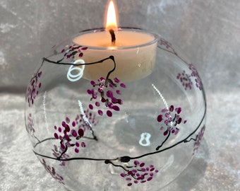 Glass Ball Tea Light Holder, Hand Painted with my travelling Blossom Design, Pink, Spring Flowers, Mothers Day, gift for her, candle holder