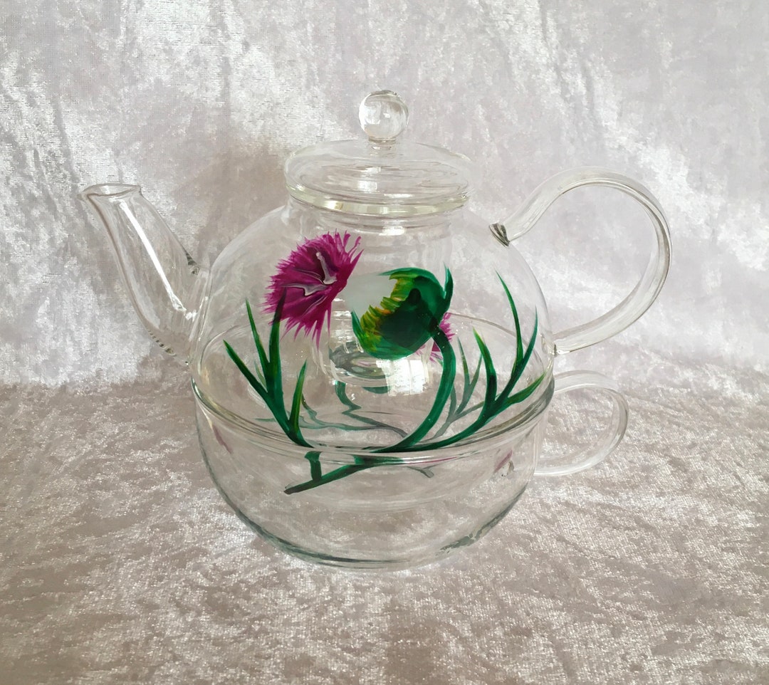 Tea Pot and Cup Set for One, Cute With Hand Painted Thistle, Scottish