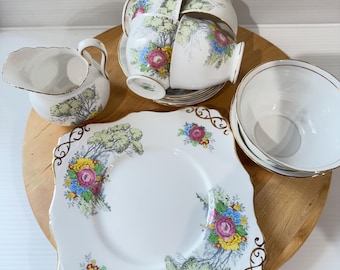 Vintage Crown Staffordshire Tea Set: Bone China Floral Chintz with Green Handles