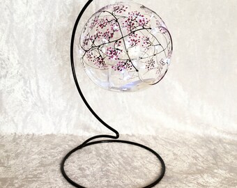 Hanging  Glass Tea Light holder, hand painted with my Blossom Design, Pink, mothers day, birthday, lamp, candle holder and stand.