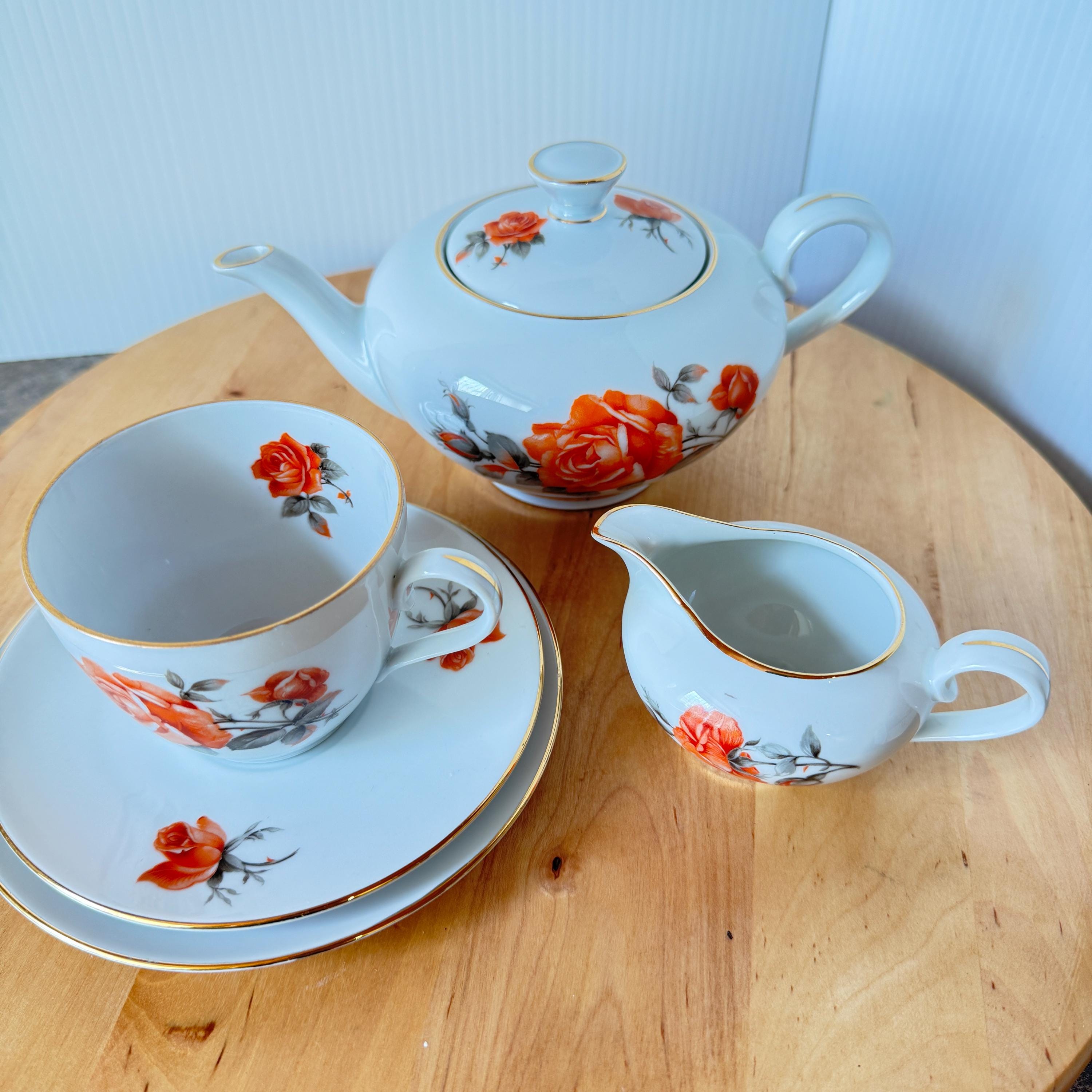 花柄陶磁器皿セット／シューマン・ババリア（Schumann Bavaria） Vintage Schumann Bavaria Tea Set: Orange Rose Floral German