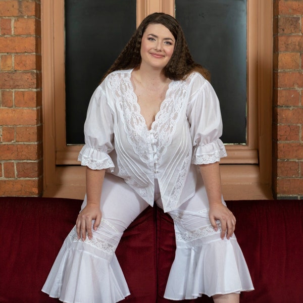 PLUS SIZE lingerie/sleepwear/lounging p.j.s/resortwear/romantic vintage styling. White cotton and lace Sizes xs - xxxl. Made to Order