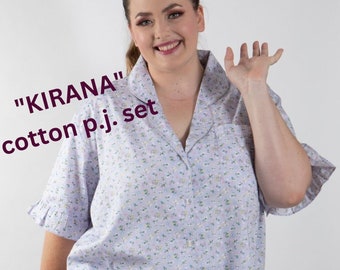 PLUS SIZE pure cotton shortie pajama set with frill detail. Pretty lilac colour in sizes S-XXL