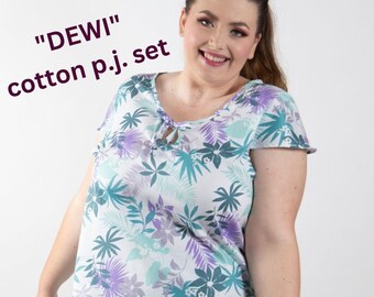 PLUS SIZE pure cotton lounging pajamas/sleepwear/resort wear in tropical print. Keyhole neckline top and 3/4 pants. Sizes S-XXL
