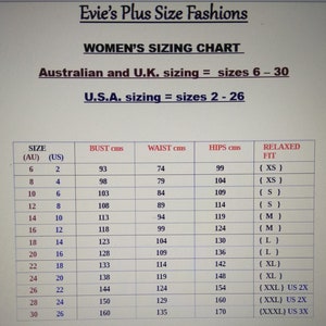 Op de afbeelding: Een maattabel voor dameskleding, met Australische, Britse en Amerikaanse maten, samen met borst-, taille- en heupmaten in centimeters, en de bijbehorende maten voor een ontspannen pasvorm.