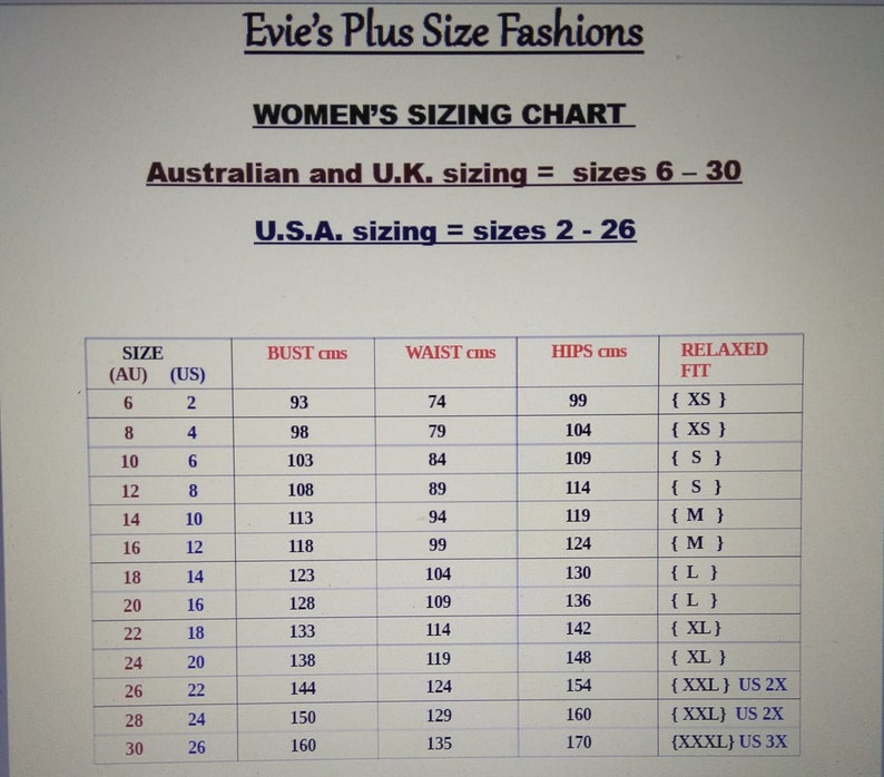 Op de afbeelding: Een maattabel voor dameskleding, met Australische, Britse en Amerikaanse maten, samen met borst-, taille- en heupmaten in centimeters, en de bijbehorende maten voor een ontspannen pasvorm.