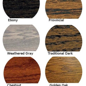 May include: Six wood stain color samples: Ebony, Provincial, Weathered Gray, Traditional Dark, Chestnut, and Golden Oak. *Please Review Item Descriptions, FAQ's, and Policies Prior to Ordering.