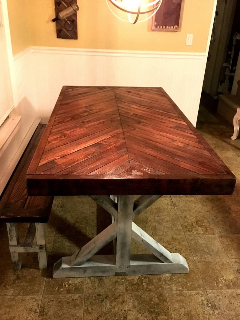 Rustic Chevron Top Table Trestle Base Table Dining Table Etsy