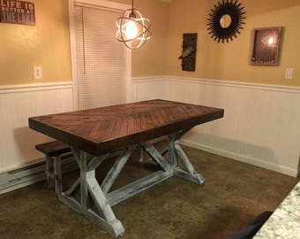 Rustic Chevron Top Table, Trestle Base Table, Dining Table (New England Delivery Only; No National Shipping)