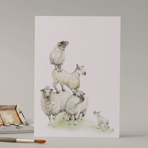 Pila de ovejas: Tarjeta dibujada a mano // ilustración de acuarela // para los amantes de los animales // granja // tarjeta grande // tarjeta de felicitación // nueva