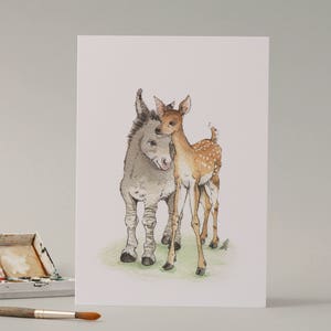 Klein verliebt. Handgezeichnete Illustration mit Esel und Reh. Niedlich. // Bambi // Aquarell // Zeichnung // Valentinstag // neues Baby