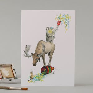 Surykatka, Łoś i Mandryl: Ręcznie rysowana Kartka Urodzinowa // Ilustracja akwarelowa // Zwierzęta imprezowe