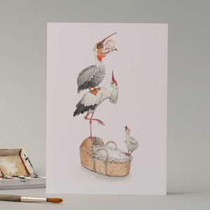 Baby Lieferung // Neues Baby, Azubi; Storch und Pelikan handgezeichnete Karte //lustige New Born Karte // Illustration // Zeichnung // ungewöhnlich // niedlich