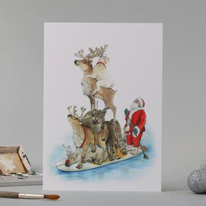 Papai Noel de verão; paddlboarding santa para o Hemisfério Sul Cartão de Natal desenhado à mão // desenhado à mão // ilustração // beira-mar