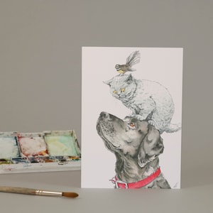 Dougal, Gato, Cachorro e um Pássaro; Cartão de felicitações ilustrado /Laboratório Preto / Azul Inglês // Fantail // Amantes de Animais // Aquarela // Pilha de Animais