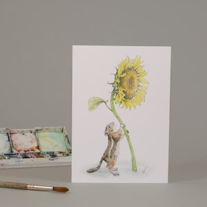 Você, flor ensolarada! Esquilo segurando o maior girassol //cartão fofo desenhado à mão// aquarela// cartão de felicitações// obrigado