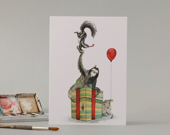A  Sheep, a Sloth and a skunk; hand drawn birthday card.
