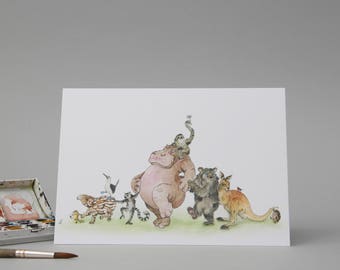Dancing Animal Greetings Card: Conga Line Illustration
