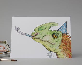 Dino Popper, Illustrated Birthday Card: Ain't no party like a Dino Party // party hats //dressing up // feather dinosaur drawing // for kids