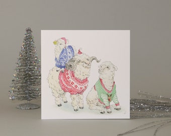 Sheep in Christmas Jumpers christmas Card: Hand-Drawn Watercolor
