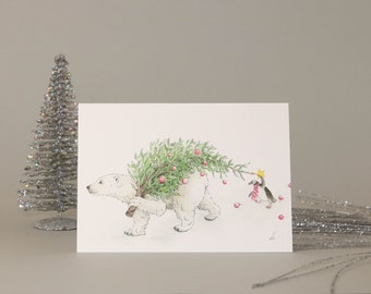 Picking the Christmas Tree Christmas Card Featuring a Polar Bear and Penguin // Hand Drawn //Unusual Cards // Decorations // Star // Art