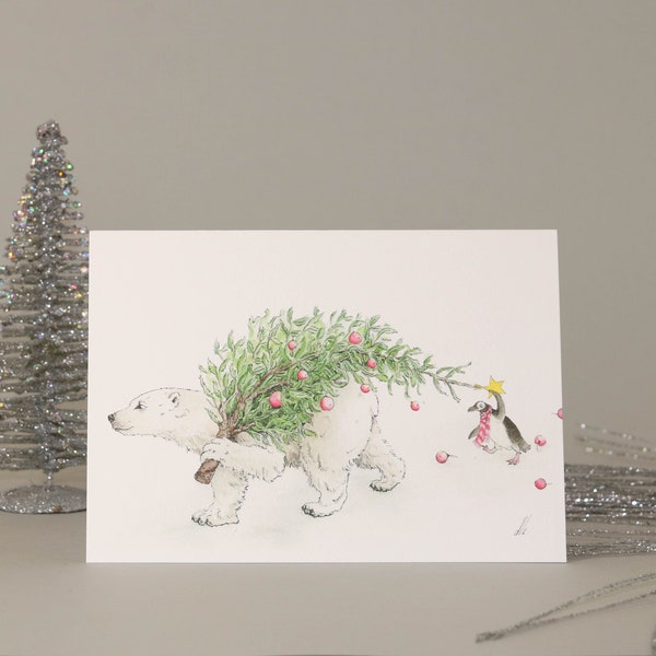 Picking the Christmas Tree Christmas Card Featuring a Polar Bear and Penguin // Hand Drawn //Unusual Cards // Decorations // Star // Art