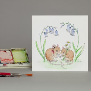 Tarjeta de felicitación romántica de ratones lindos /Mice Bluebells / Boda / San Valentín / Pareja / Tarjeta de aniversario / Acuarela