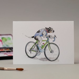 Cartão de felicitações desenhado à mão por um cãozinho pedalando. Cão ciclista e nadador!