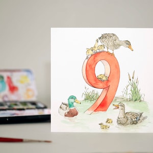 Neuf canards / Neuvième carte d’anniversaire / Neuf ans / 9 / Canetons / Natation / Étang / oiseaux aquatiques / colvert / amoureux des animaux / twitcher