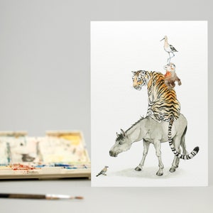 Hallo Jay! Zegt de ezel met een tijger, een rode panda en een ibis op zijn rug/handgeïllustreerde kaart/dieren van de wereld