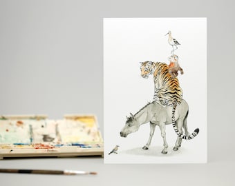 Olá Jay! Diz o burro com um tigre e um panda vermelho e um íbis nas costas/ Cartão ilustrado à mão/ Animais do mundo