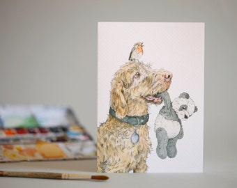 Carry Me // loveable pup and his favourite toy // greetings card // illustration // Dog lovers