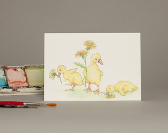Ducklings Watercolor Greetings Card: Springtime Dandelions