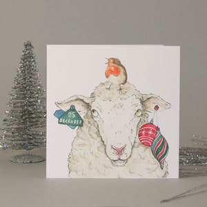 Kerstkaart schapen / / niet zeker / / Robin Red borst / / 25 December / / Baule Baules / / dieren / / Hand Drawn