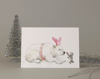Funny Polar Bear Christmas Card: Penguin Rudolf Illustration