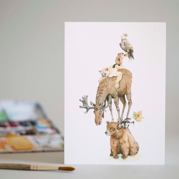 Oh Canada Greetings Card // Canadian wild life // totem // maple leaf stack // illustration