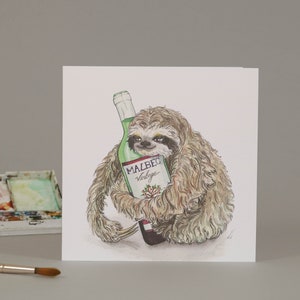 Malbec et moi allons à merveille: carte dessinée à la main par paresseux et vin rouge // alcool // animal de fête // dessiné à la main // illustration // aquarelle