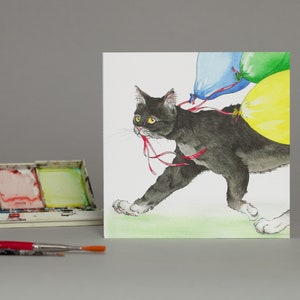 Carte drôle de chat « Ballons volés » Carte de voeux espiègle de chat noir. Amoureux des chats