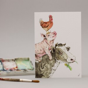 Tarjeta de felicitación ilustrada a mano: "¡Orden jerárquico!" Vaca, cerdo y pollo.