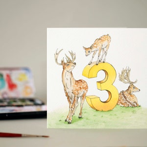 Drei Hirsche / Geburtstagskarte zum 3. Geburtstag / Besonderer Dreijähriger / Party / Kleinkind Karte / Grüße / Kinderkarte / Tiere