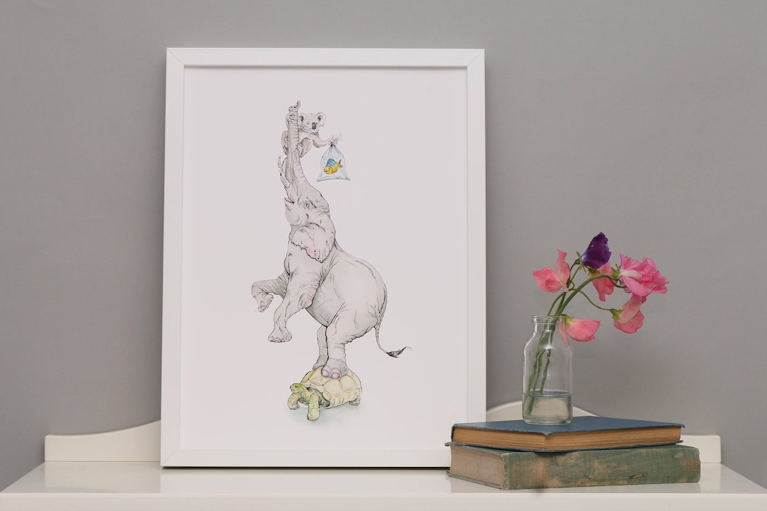 Koala Riding Tortoise Elephant Koala Tortoise Art Print: Whimsical Wall Art - Etsy